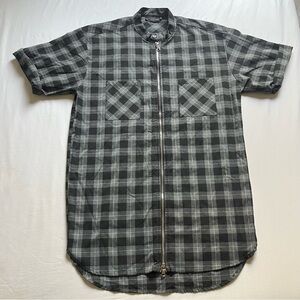 KNYEW KEEPING NEW YORK EVERYWHERE grey plaid cotton short sleeve zip up shirt